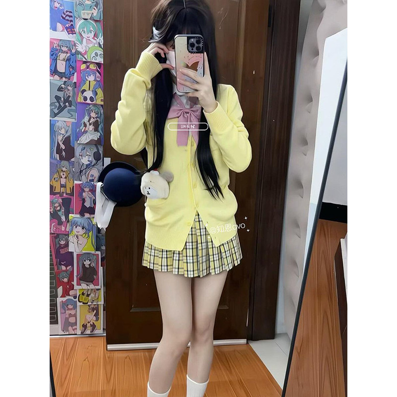 奶黄色JK制服日系学院针织开衫外套女秋冬季原创百搭格裙套装衬衣,女装/女士精品,时尚套装,淘宝优惠券,粉丝福利购,淘宝优惠卷