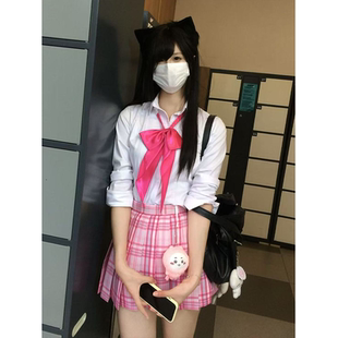 日系学院风宽松长袖 白色衬衫 百搭糖果格裙JK裙原创JK制服夏季 套装