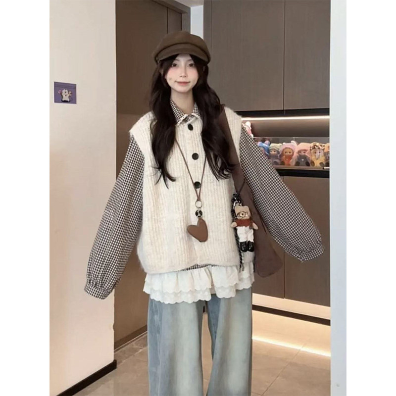 秋季一整套装甜美学院风杏色针织马甲开衫毛衣女蕾丝拼接格纹衬衫,女装/女士精品,时尚套装,淘宝优惠券,粉丝福利购,淘宝优惠卷