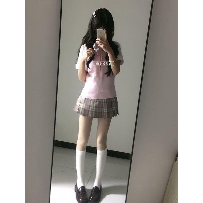 日系JK制服针织衫无袖马甲背心学院风粉色毛衣百褶裙jk格裙套装女,女装/女士精品,时尚套装,淘宝优惠券,粉丝福利购,淘宝优惠卷