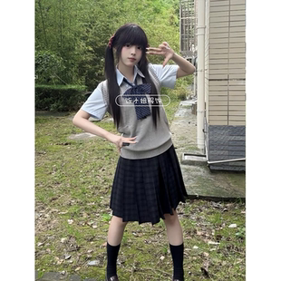 日系原创JK制服针织v领马甲背心毛衣夏季 新品 海苔中裙学院风套装