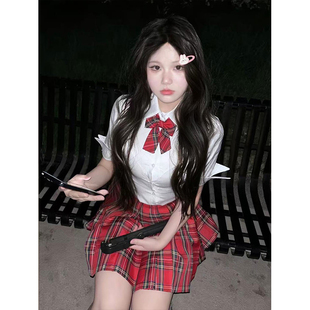 套装 原创JK制服套装 收腰学院风百搭小辣椒格裙夏季 白色衬衫 女 短袖
