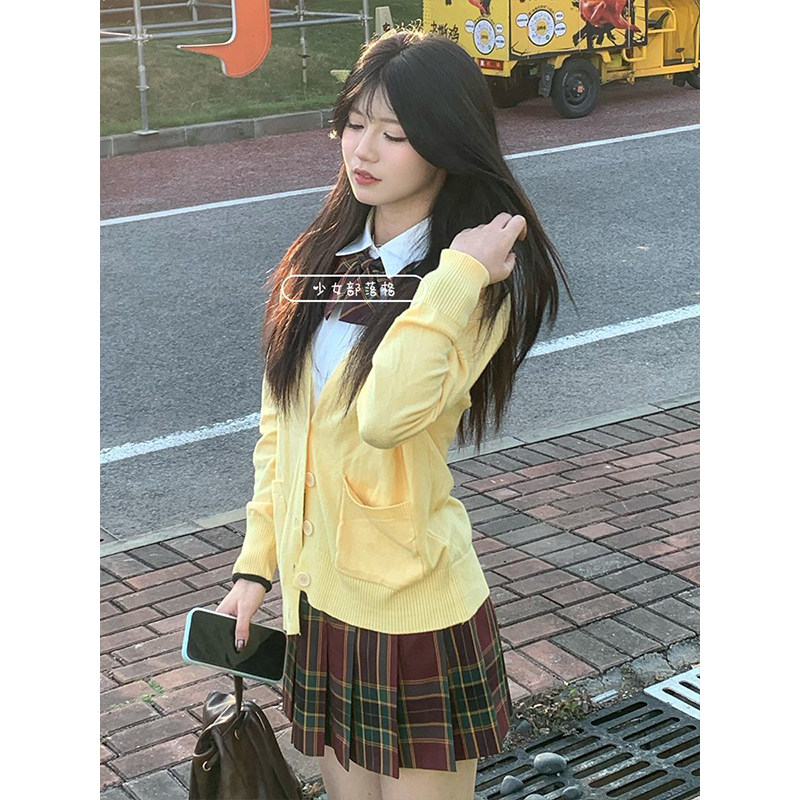 学院风原创日系JK制服黄色针织长袖开衫外套叠穿基础衬衫棕格套装