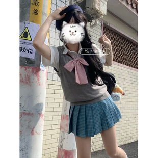 原创JK制服V领针织衫 校供感马甲背心内搭短袖 衬衣松蓝裙夏季 套装