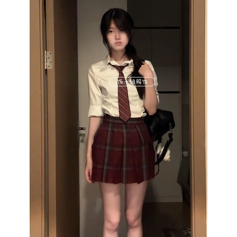 日系学院风穿搭收腰长袖白衬衫原创JK制服百搭玄JK裙原创一整套装