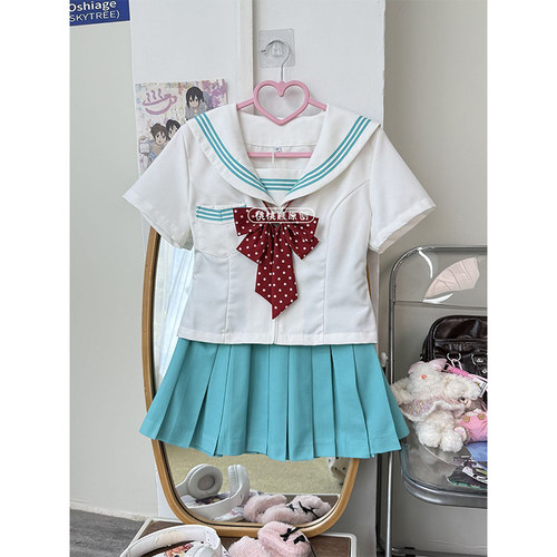 JK制服穿搭学院风新款初音绿三本水手服搭配同色百褶裙软妹套装女