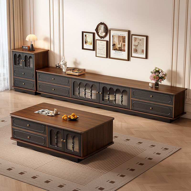 中古风电视柜茶几组合小户型客厅法式黑色实木复古胡桃色电视机柜