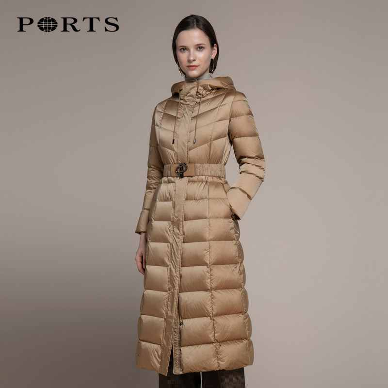 PORTS宝姿女装2023秋冬新品兜帽束腰长款羽绒服LM9U036NZN006