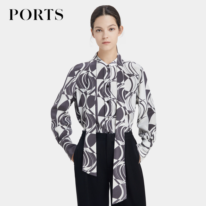 PORTS宝姿女装2023春季新款浪漫几何印花系带领衬衫LP8B020RPS065
