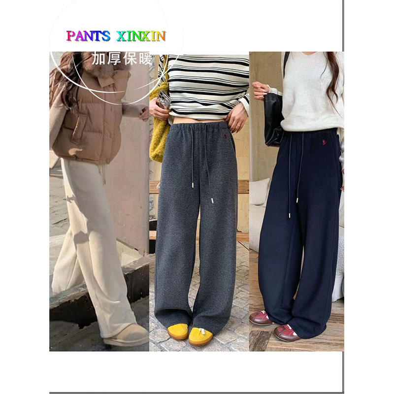 2025年冬季加绒高腰显瘦高弹藏青时尚棉羊毛休闲阔腿长裤女245518