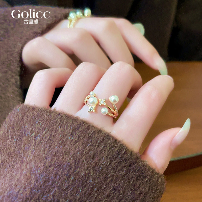 金色微镶星星珍珠开口戒指高级感