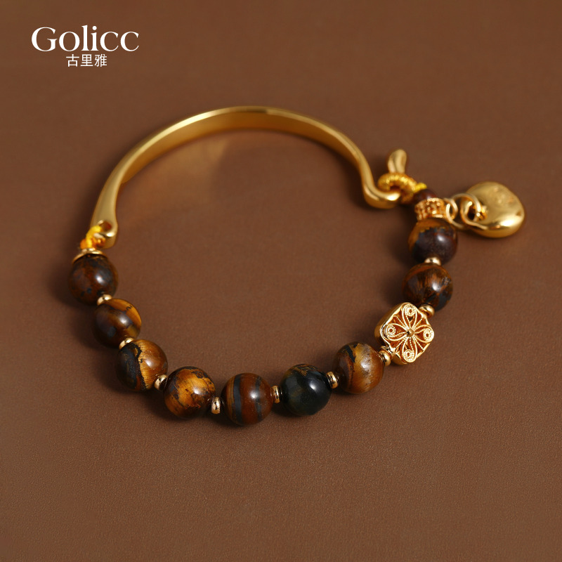 金色福锁虎眼石串珠手串轻奢小众