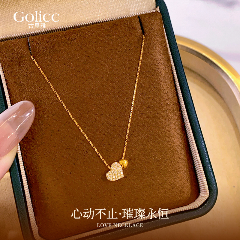 金色满钻爱心串珠项链高级感轻奢