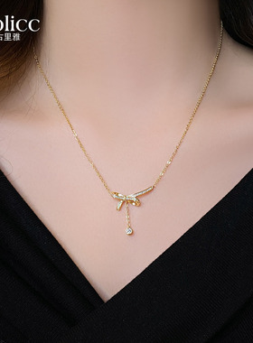 金色锆石蝴蝶结吊坠项链高级感