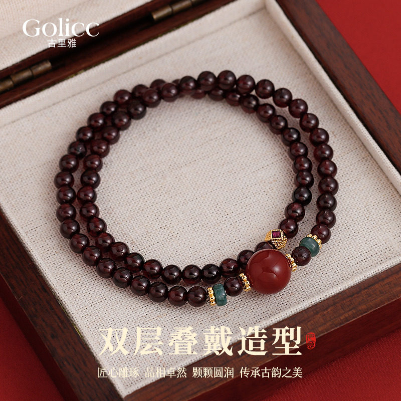 双层叠戴石榴石串珠手串女款2026新款闺蜜手饰品轻奢小众精致手链