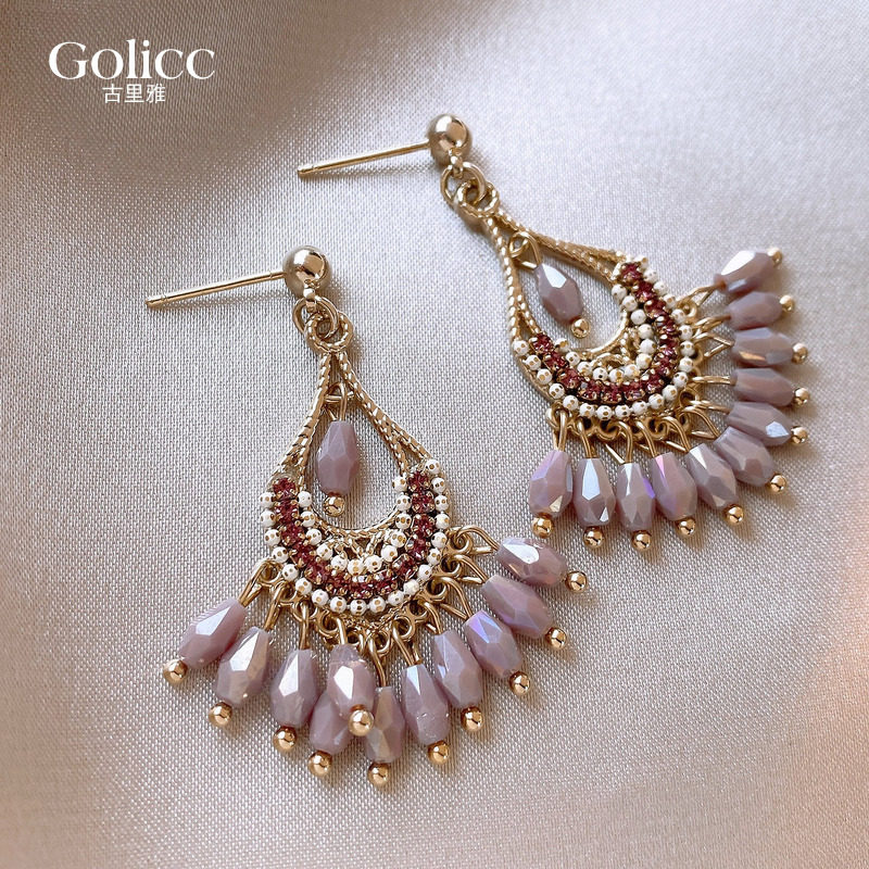 民族风紫色锆石流苏耳坠耳环女夸张独特漂亮耳钉2026新款爆款耳饰