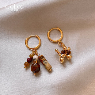 复古美拉德不对称咖色串珠耳坠耳环女高级感轻奢耳钉气质独特耳饰