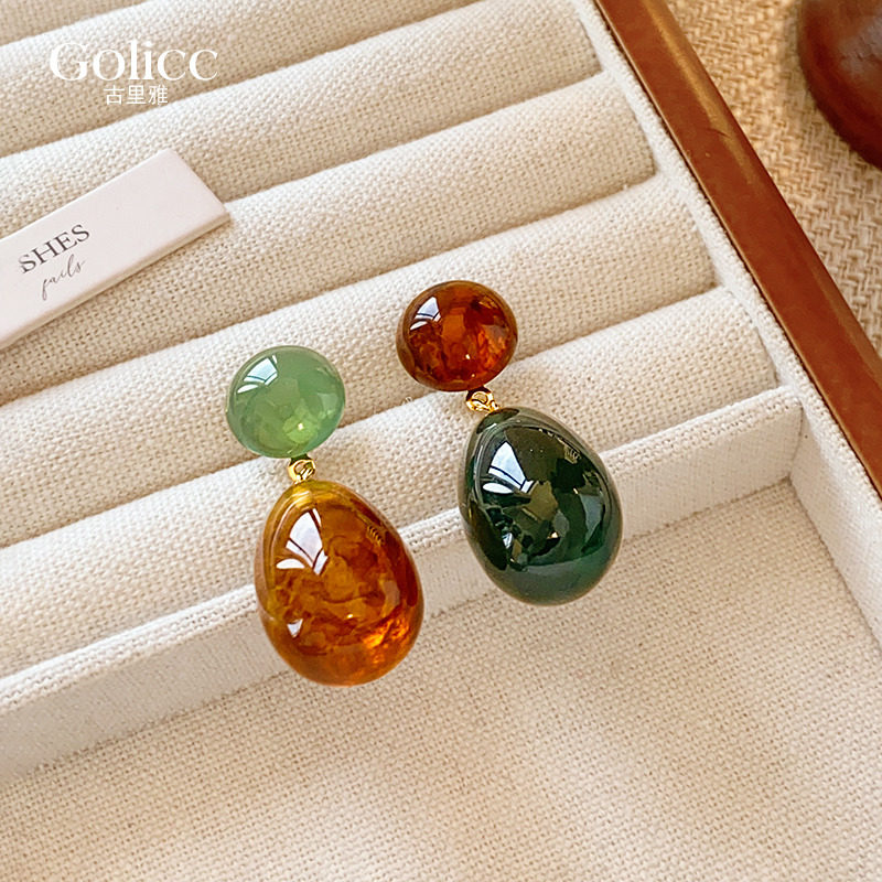 撞色几何圆形水滴耳环高级感轻奢