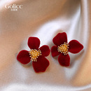 红色植绒不规则大花朵耳环女轻奢高级感气质大气耳钉2025新款 耳饰