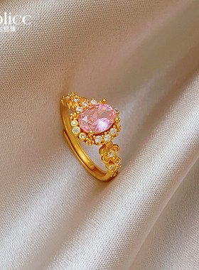 金色花朵椭圆形满钻戒指小众设计