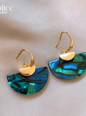 古里雅绿色扇形耳钉女2026新款高级感秋冬耳环复古港风夸张大耳饰