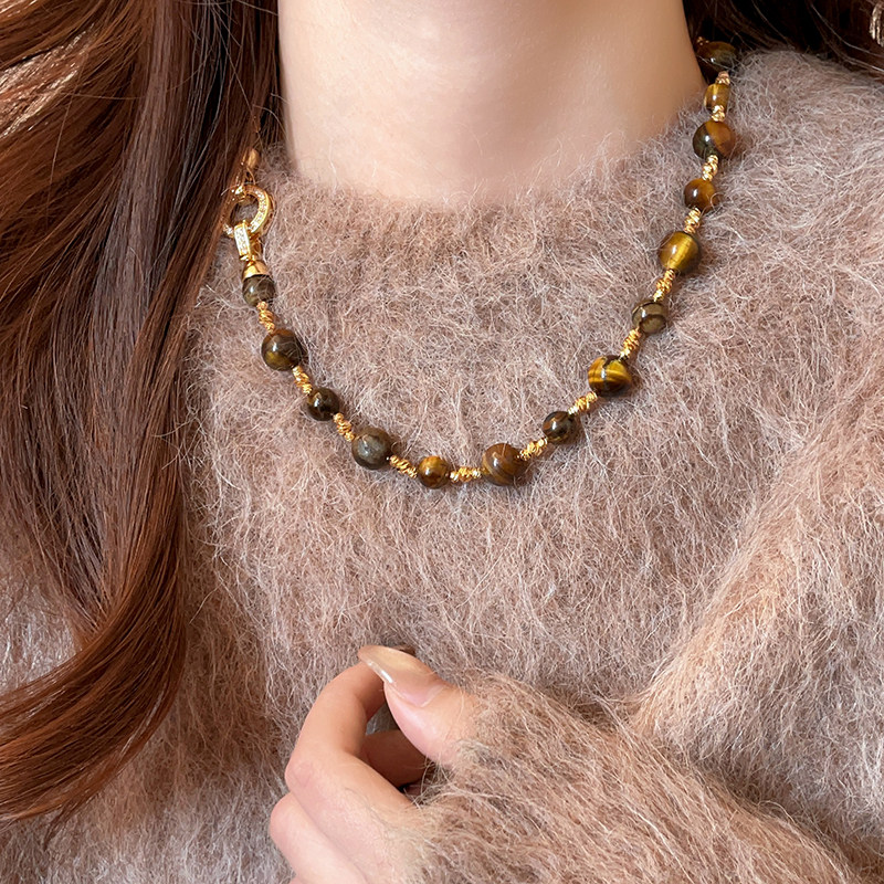 美拉德棕色虎眼石环扣毛衣项链