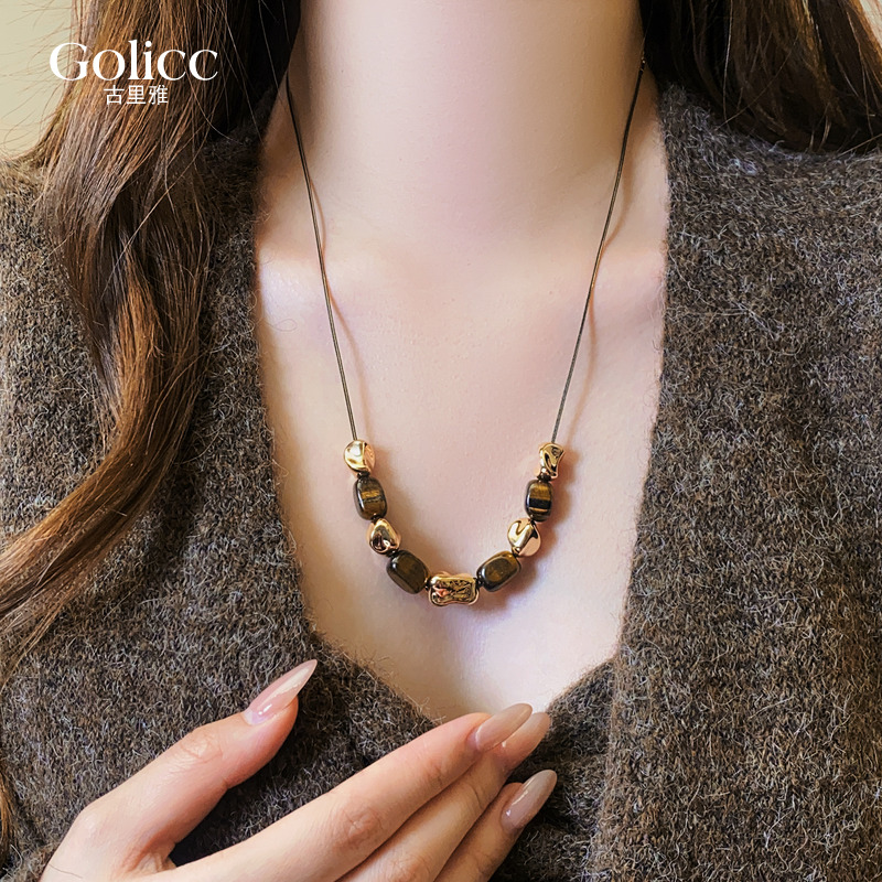 不规则咖色虎眼石串珠毛衣项链