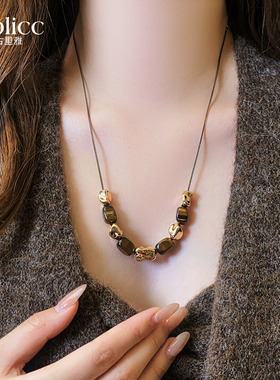 不规则咖色虎眼石串珠毛衣项链