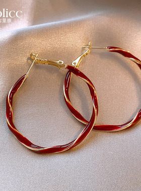 红色纽纹大圈圈耳环女2026新款爆款高级感耳圈耳钉过新年马年耳饰