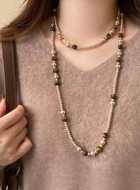 双层叠戴虎眼石珍珠串珠项链