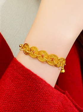 古法沙金五帝钱币葫芦手串手链