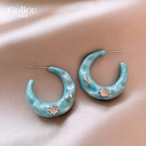 蓝色锆石C圈耳环设计感小众耳饰