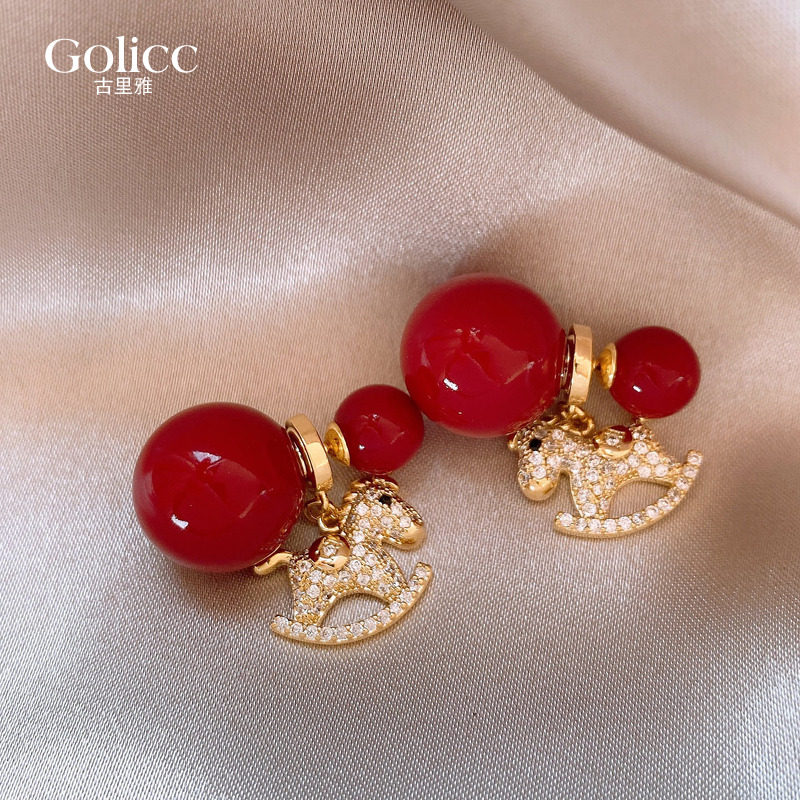 红色双面大小珍珠金色钱币小马耳坠耳环女马年耳钉巨好看耳饰气质,饰品/流行首饰/时尚饰品新,耳环,淘宝优惠券,粉丝福利购,淘宝优惠卷