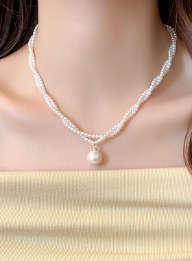 法式双层麻花珍珠项链女款2026新款高级感轻奢小众毛衣链颈链配饰