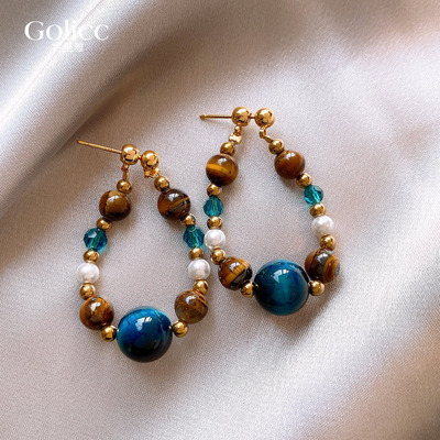 美拉德虎眼石串珠圈圈耳环高级感