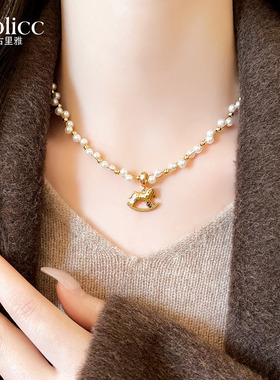 金色碎碎冰小马吊坠珍珠串珠项链