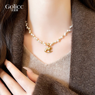 金色碎碎冰小马吊坠珍珠项链女2026新款高级感轻奢小众本命年配饰