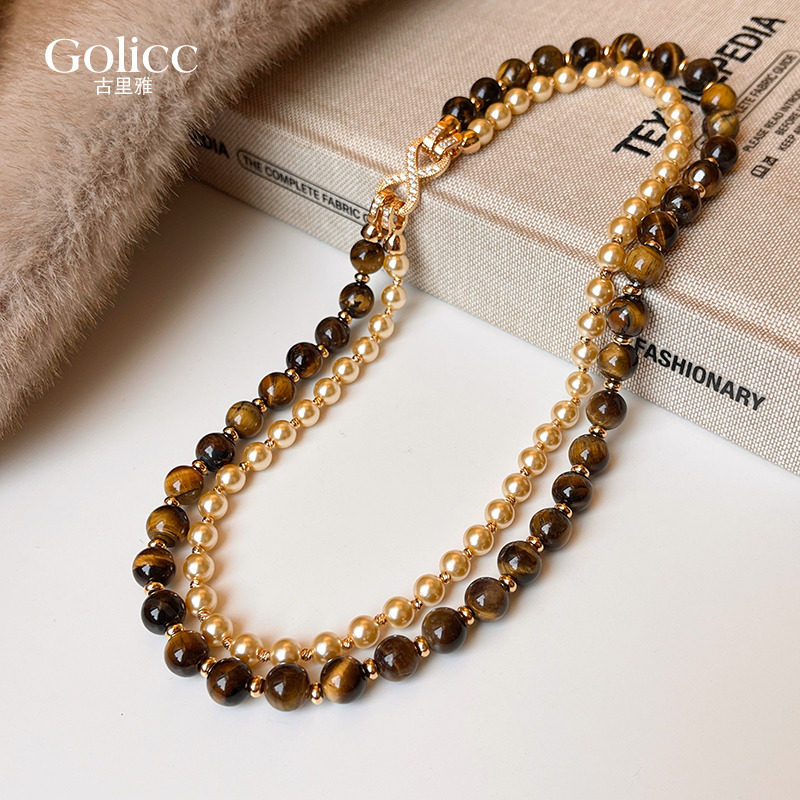 金色珍珠虎眼石双层串珠项链配饰