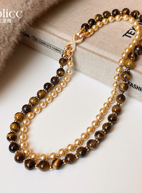 金色珍珠虎眼石双层串珠项链配饰