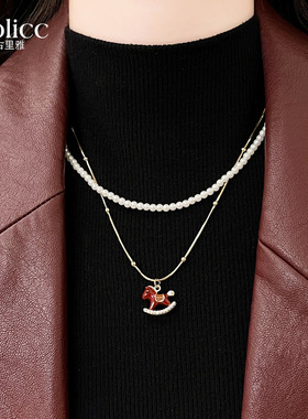 双层叠戴珍珠串珠红色小马项链