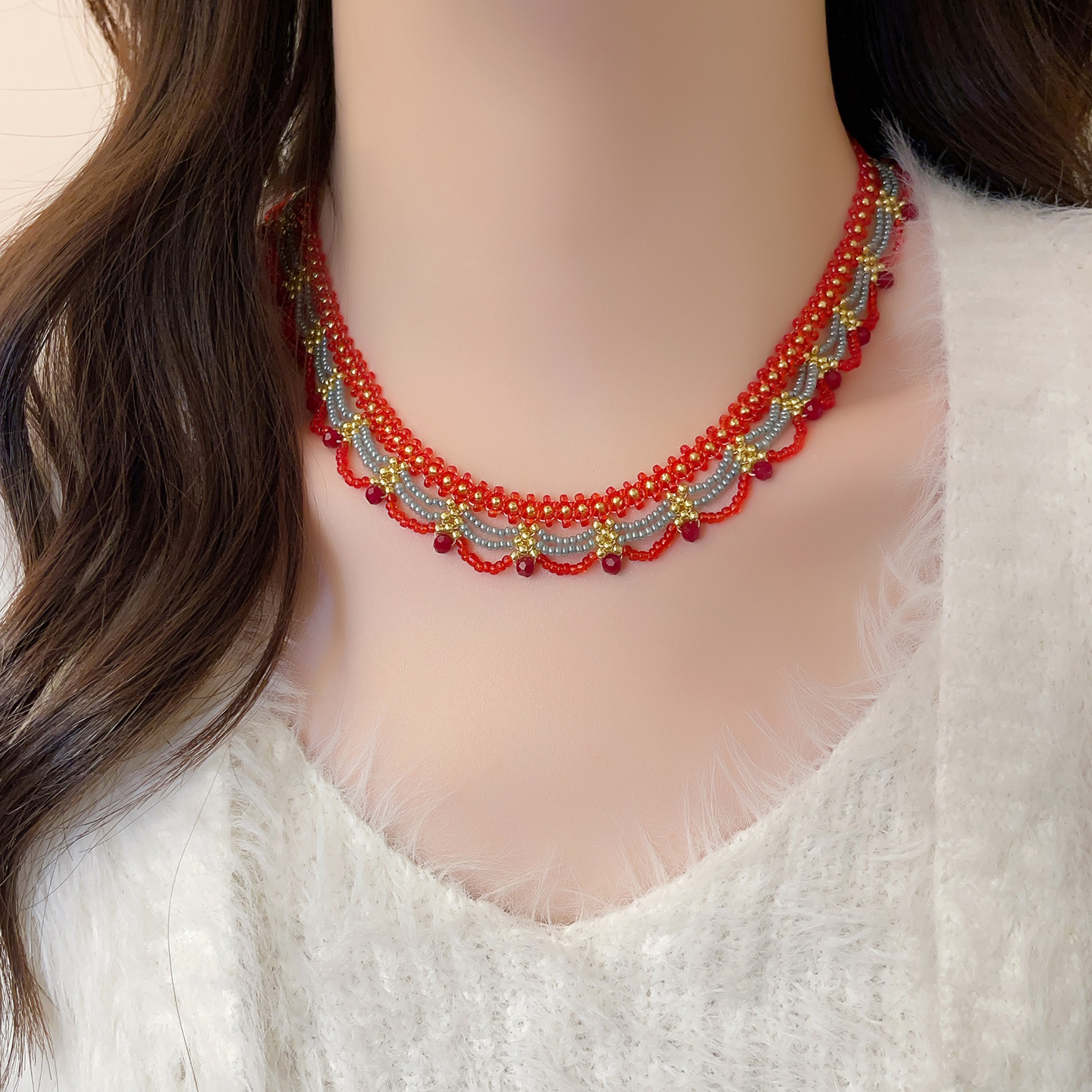 红蓝撞色多层蕾丝串珠项链高级感