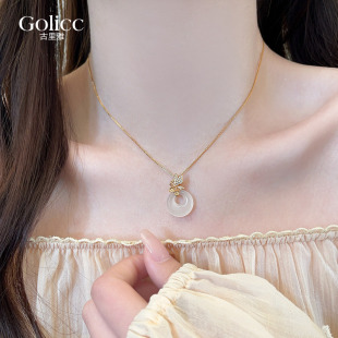 新中式 金色玉石平安扣满钻蝴蝶吊坠项链女高级感轻奢小众2026新款