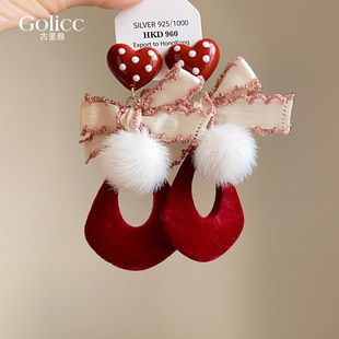 红色爱心蝴蝶结毛绒球球不规则耳坠耳环女适合冬天的耳钉小众耳饰