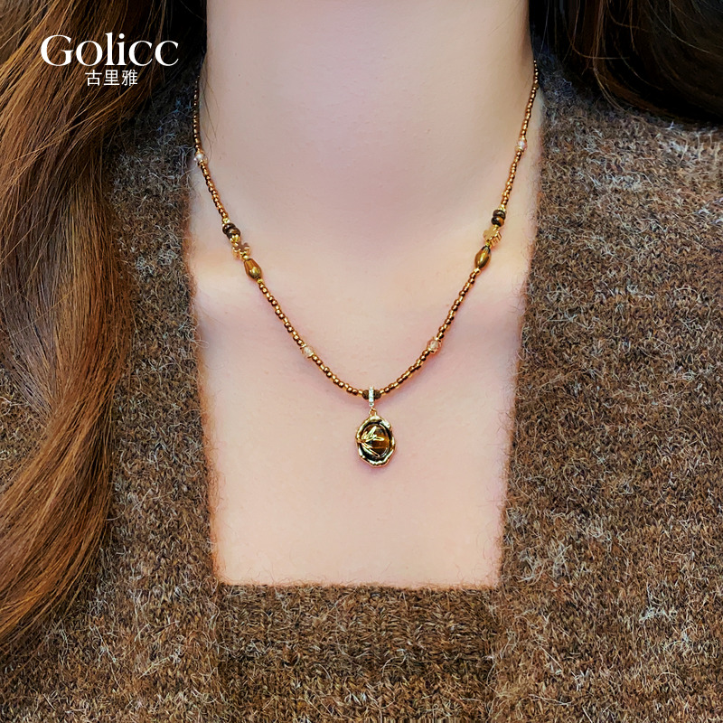 美拉德咖色虎眼石吊坠串珠毛衣链