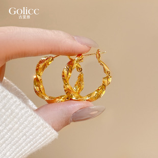 小众独特金属扭曲波浪圈圈耳环女冷淡风耳圈气质通勤耳钉金色耳饰