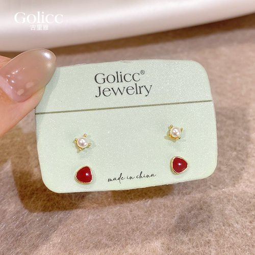 安可拉红几何四件套珍珠耳钉精致