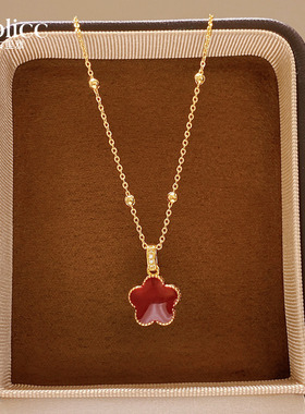 红色双面贝壳花朵毛衣项链配饰