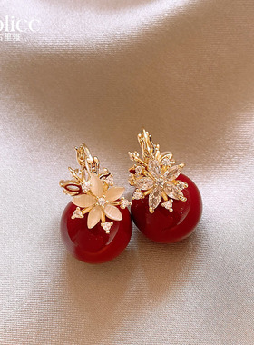 新年锆石花朵红色大珍珠耳环女2026年新款爆款高级感耳饰秋冬耳钉