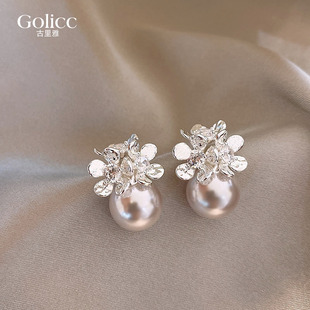 银色锆石花朵珍珠耳环女秋冬高级感轻奢耳饰圣诞耳钉2025新款 爆款