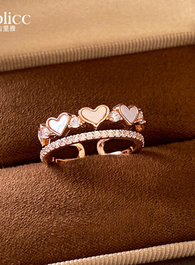 双层锆石爱心开口戒指轻奢高级感